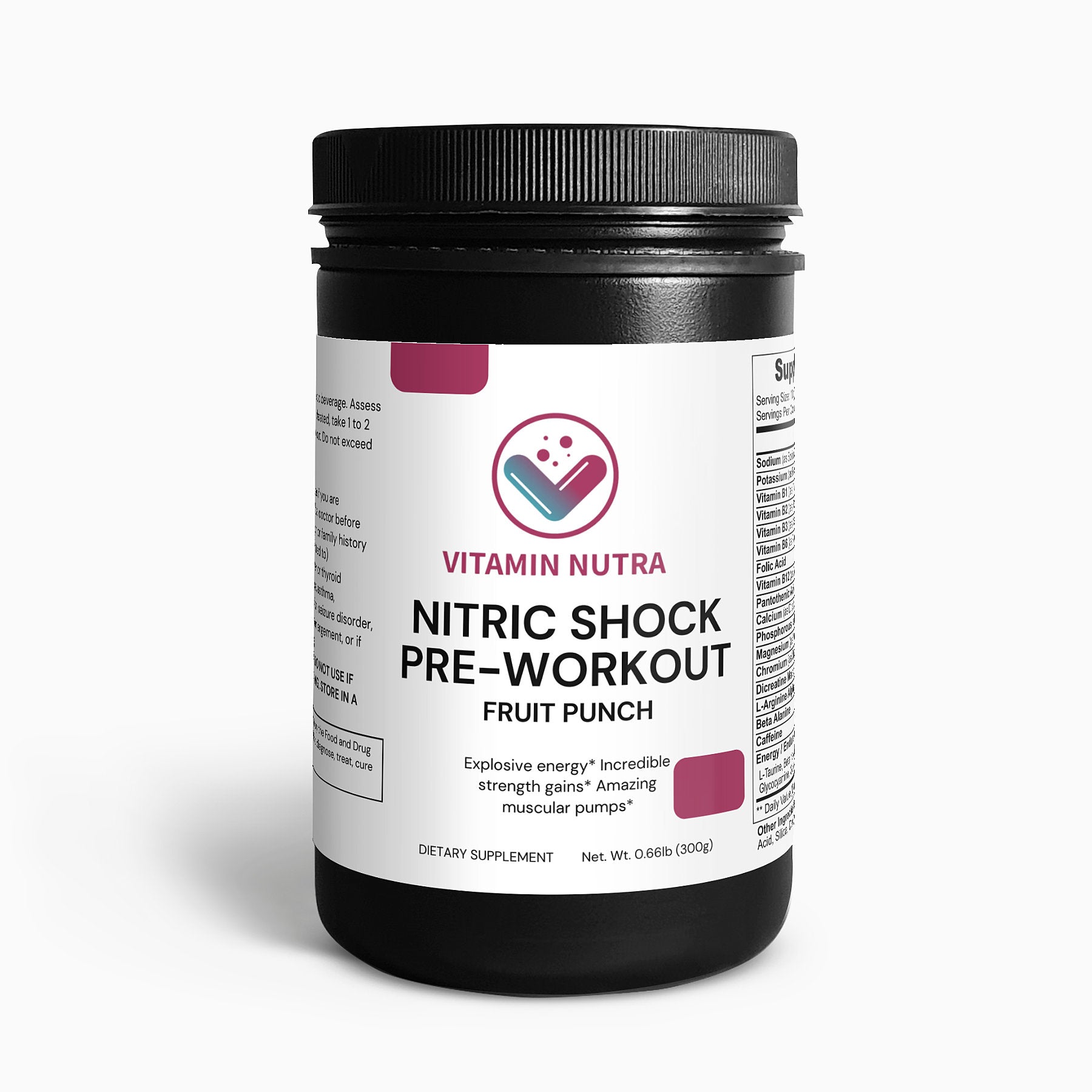 Person lifting weights with a determined expression, taking Nitric Shock Pre-Workout Powder.