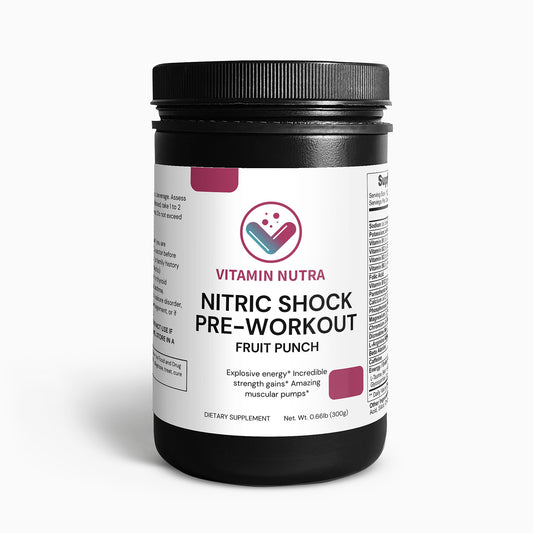 Person lifting weights with a determined expression, taking Nitric Shock Pre-Workout Powder.