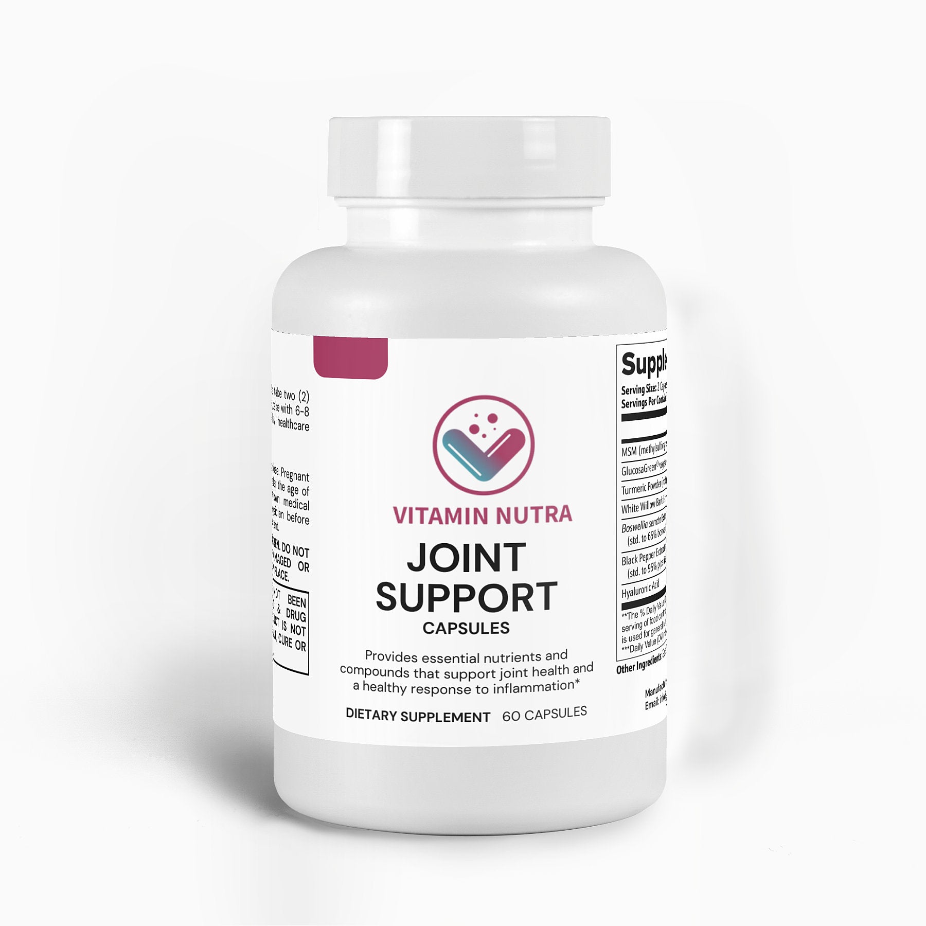 Joint Support formula with Glucosamine, MSM, Turmeric, Boswellia for natural joint health.