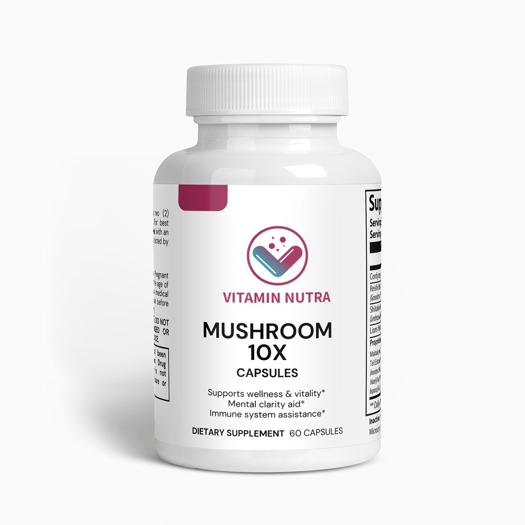 Daily capsules of Mushroom Complex 10X: A blend of 10 powerful medicinal mushrooms.