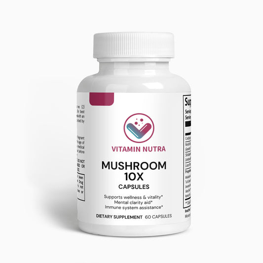 Daily capsules of Mushroom Complex 10X: A blend of 10 powerful medicinal mushrooms.