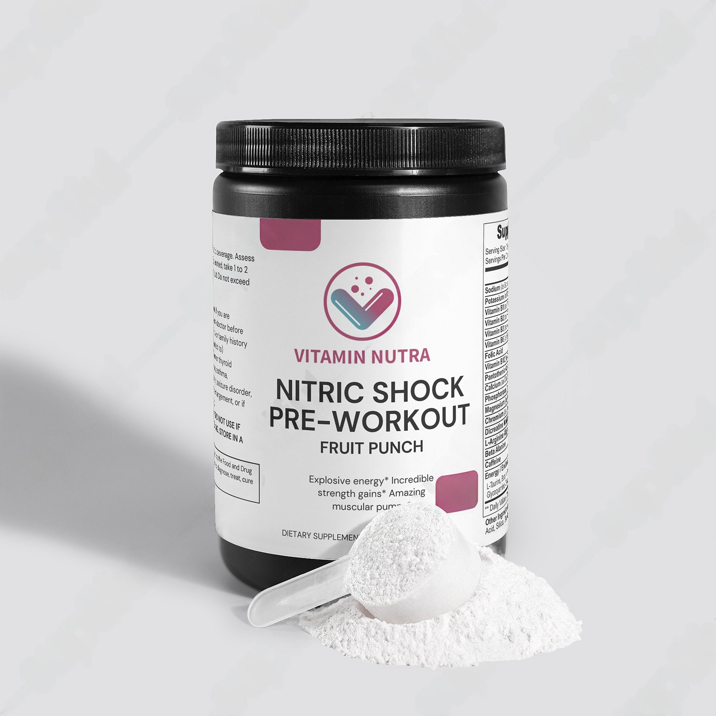 Close-up of a scoop of Nitric Shock Pre-Workout Powder in a shaker bottle.