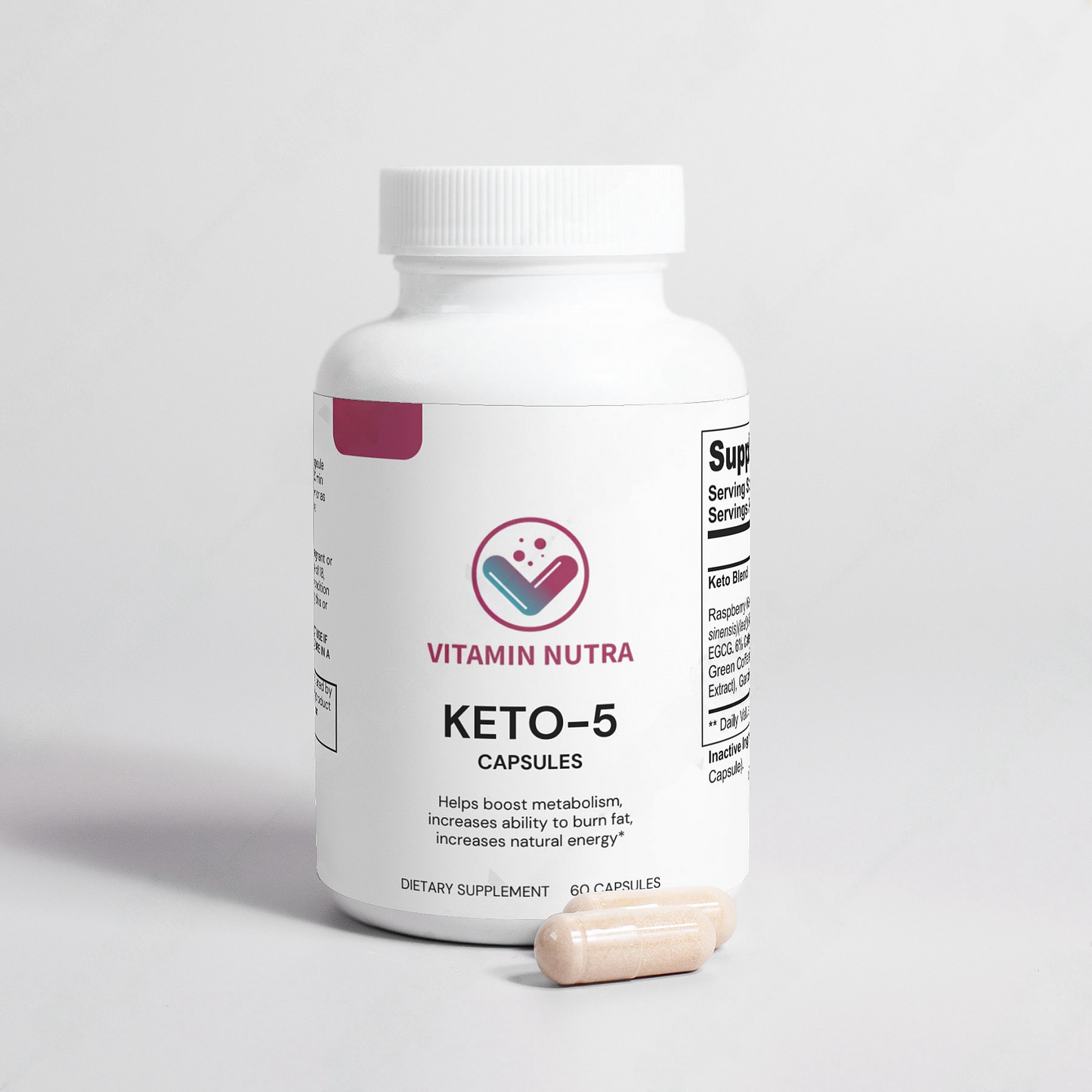 Keto-5 with Raspberry Ketones, Green Tea Extract, Garcinia Cambogia, and other natural weight loss ingredients.