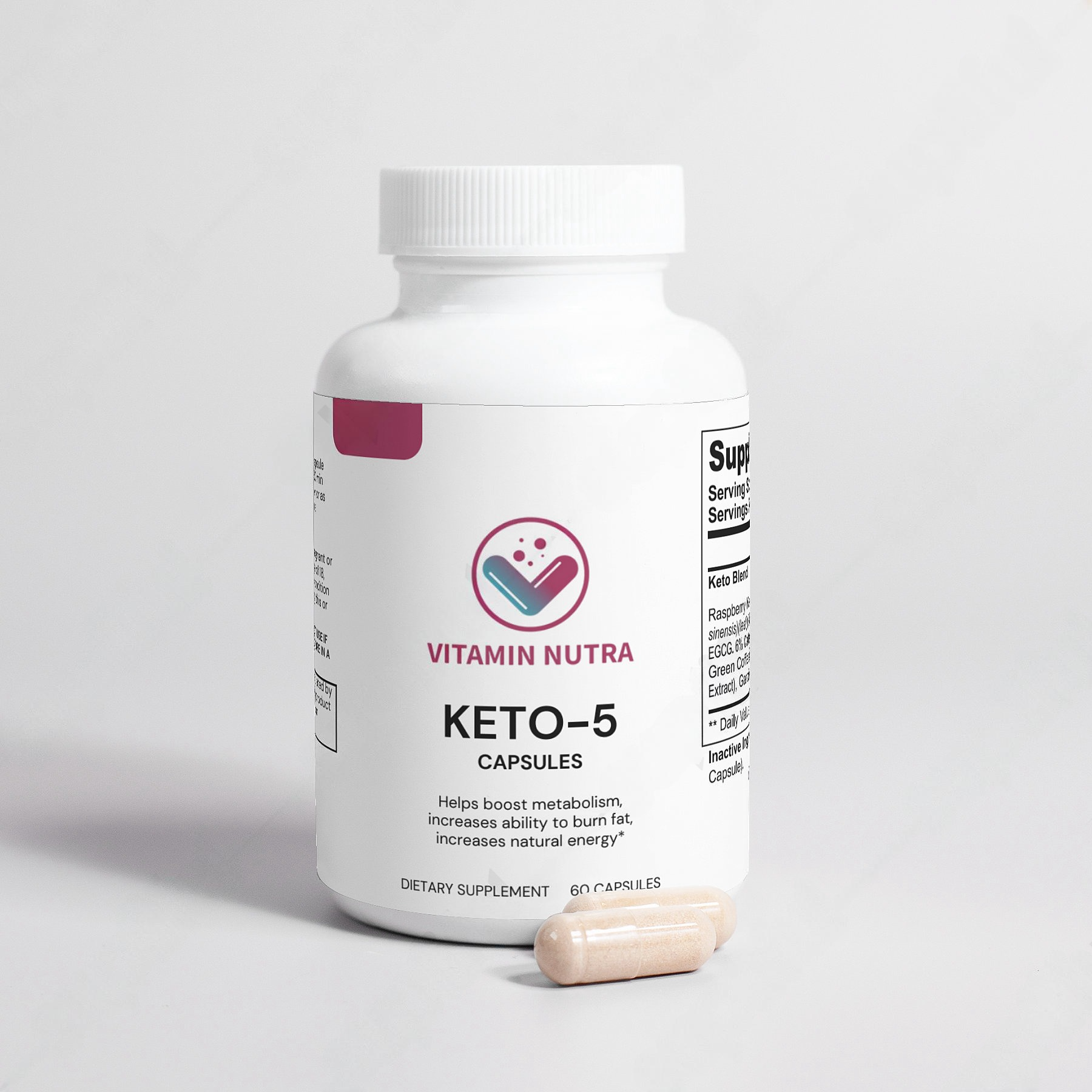 Keto-5 with Raspberry Ketones, Green Tea Extract, Garcinia Cambogia, and other natural weight loss ingredients.