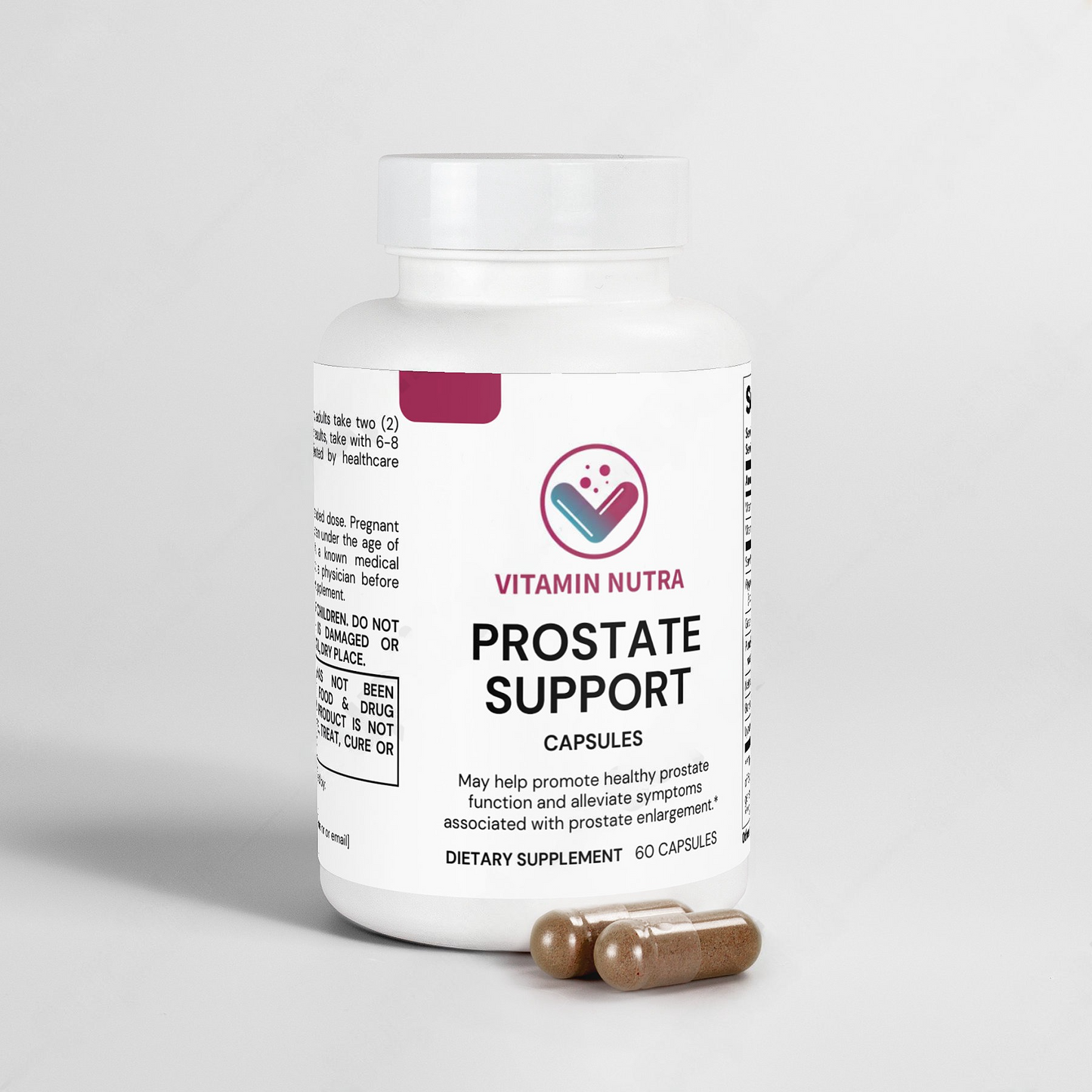 Prostate Support capsules containing Saw Palmetto, Pygeum africanum, and other natural prostate health ingredients.