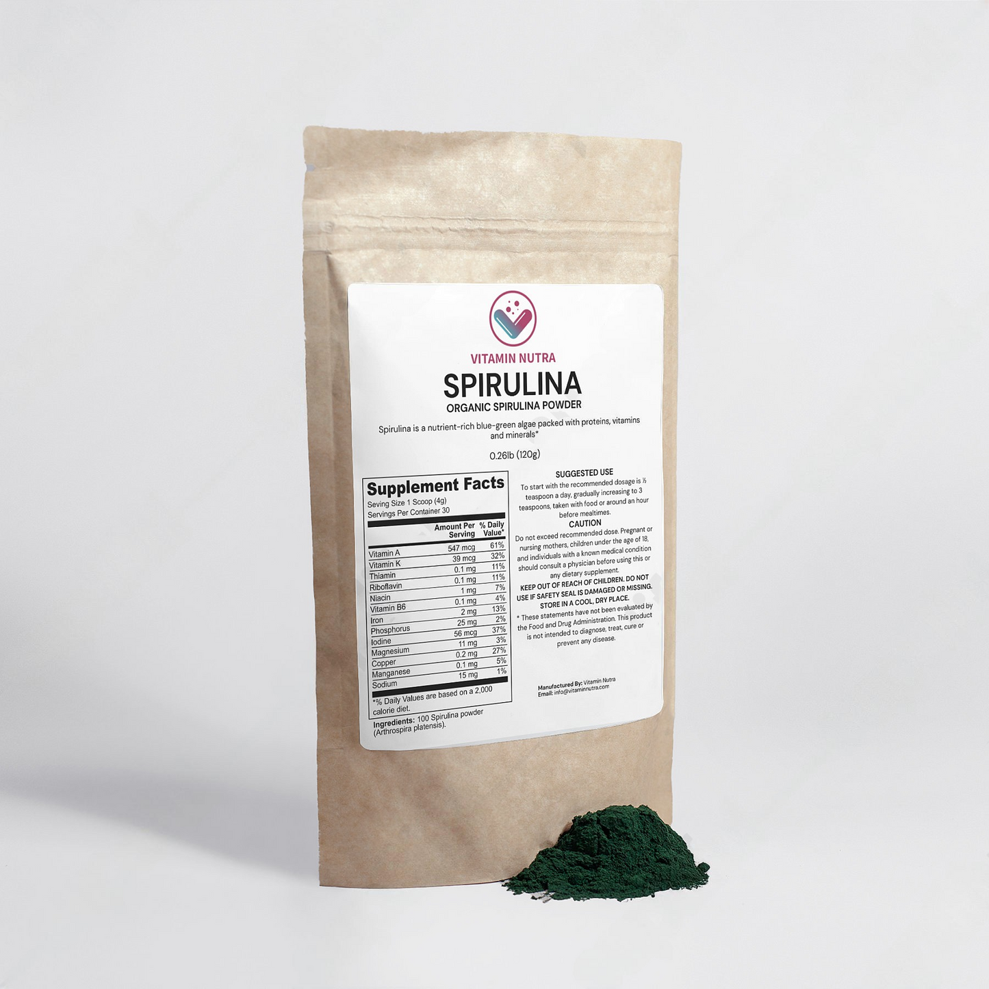 Organic Spirulina Powder: A nutrient-rich superfood packed with essential vitamins and minerals.