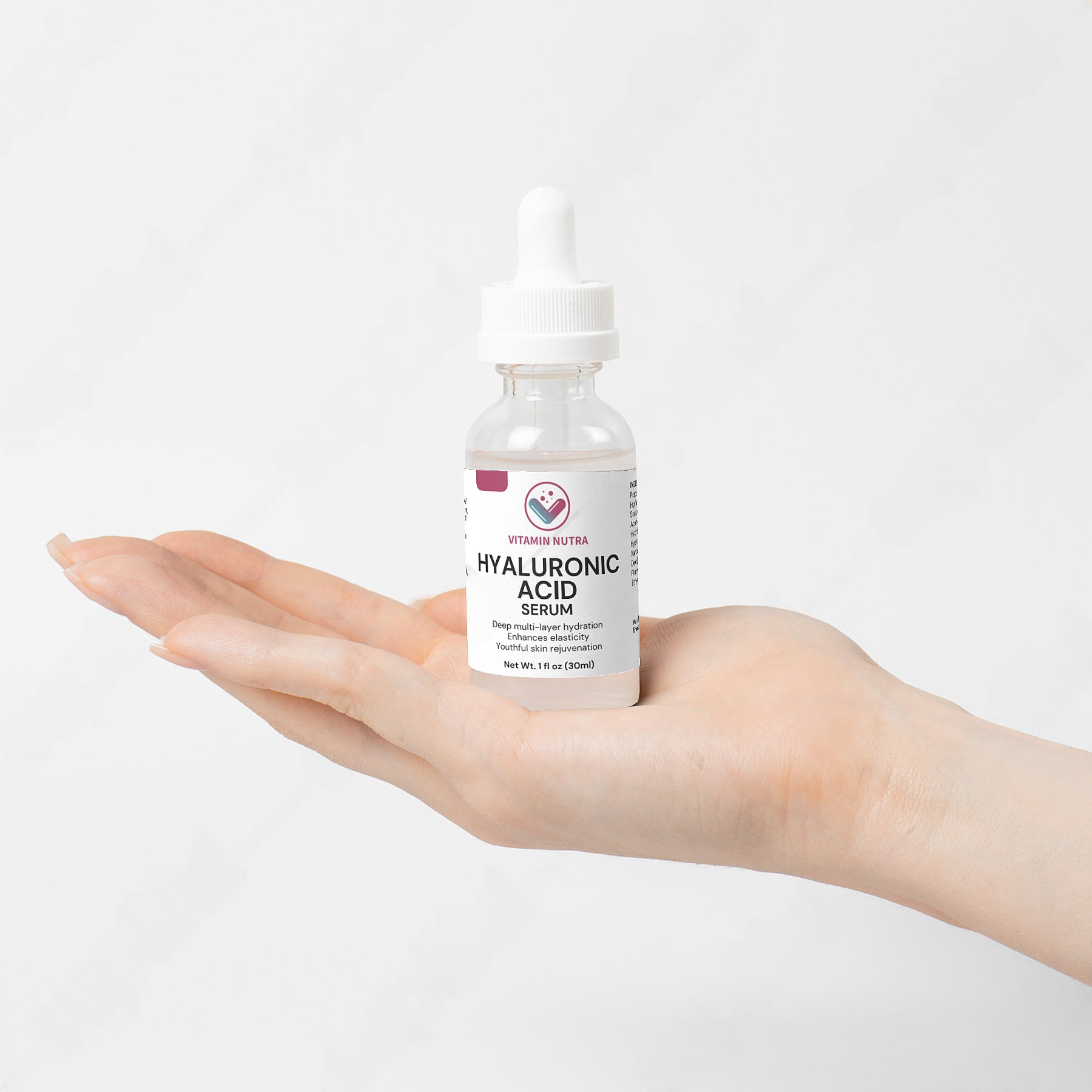  Easy application of hyaluronic acid serum with a dropper.