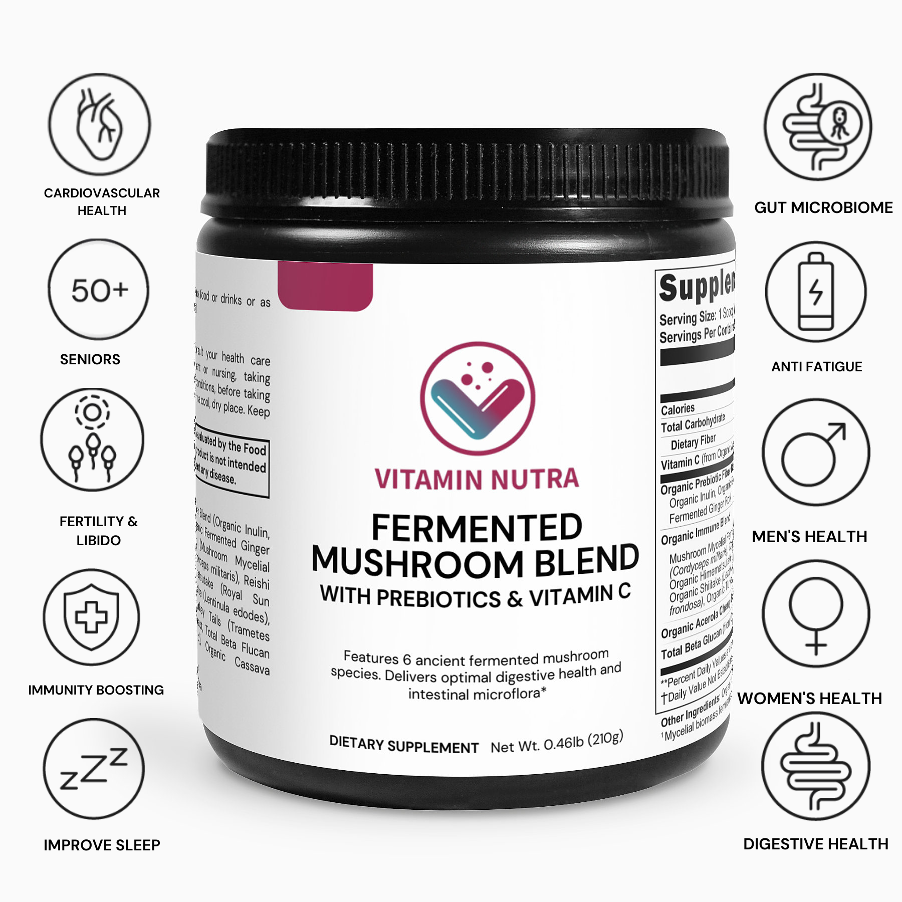 Fermented Mushroom Blend: Supports immune system, digestion, and overall well-being.