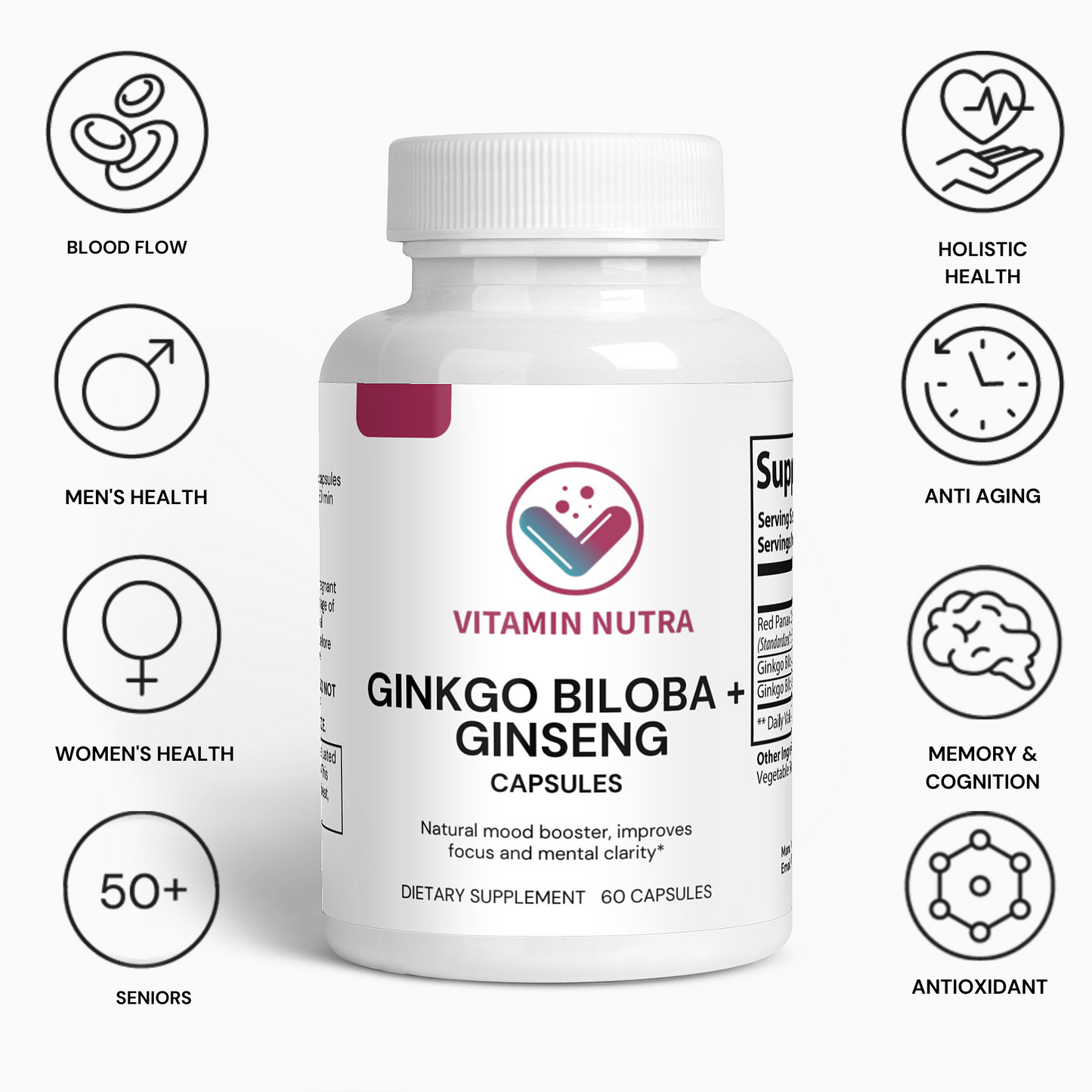 Ginkgo Biloba + Ginseng supplement for memory, focus, and cognitive function.