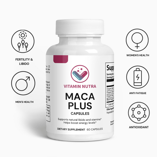 Maca Plus: Maca root capsules for energy, stamina, and libido support.