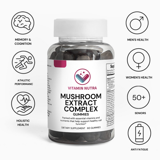 Mushroom Complex Gummies: Supports cognitive function, focus, and mental clarity. Delicious raspberry flavor.