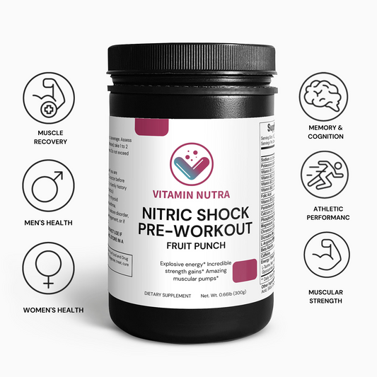 Nitric Shock Pre-Workout Powder container with fruit punch flavor splash.