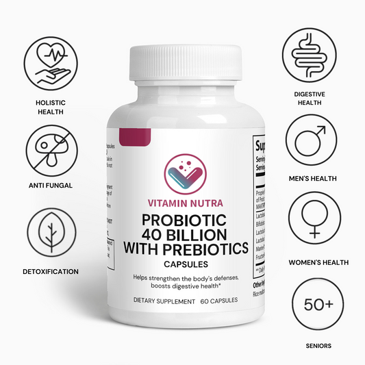  Probiotic 40 Billion with Prebiotics bottle with a sleek design and gut health graphic.