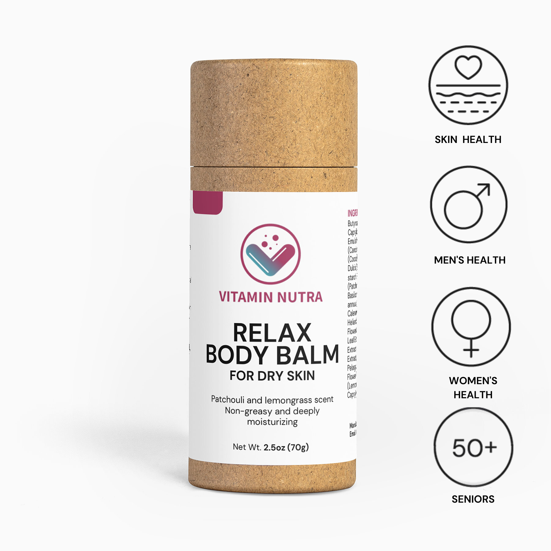 Relax Body Balm container with clean design.