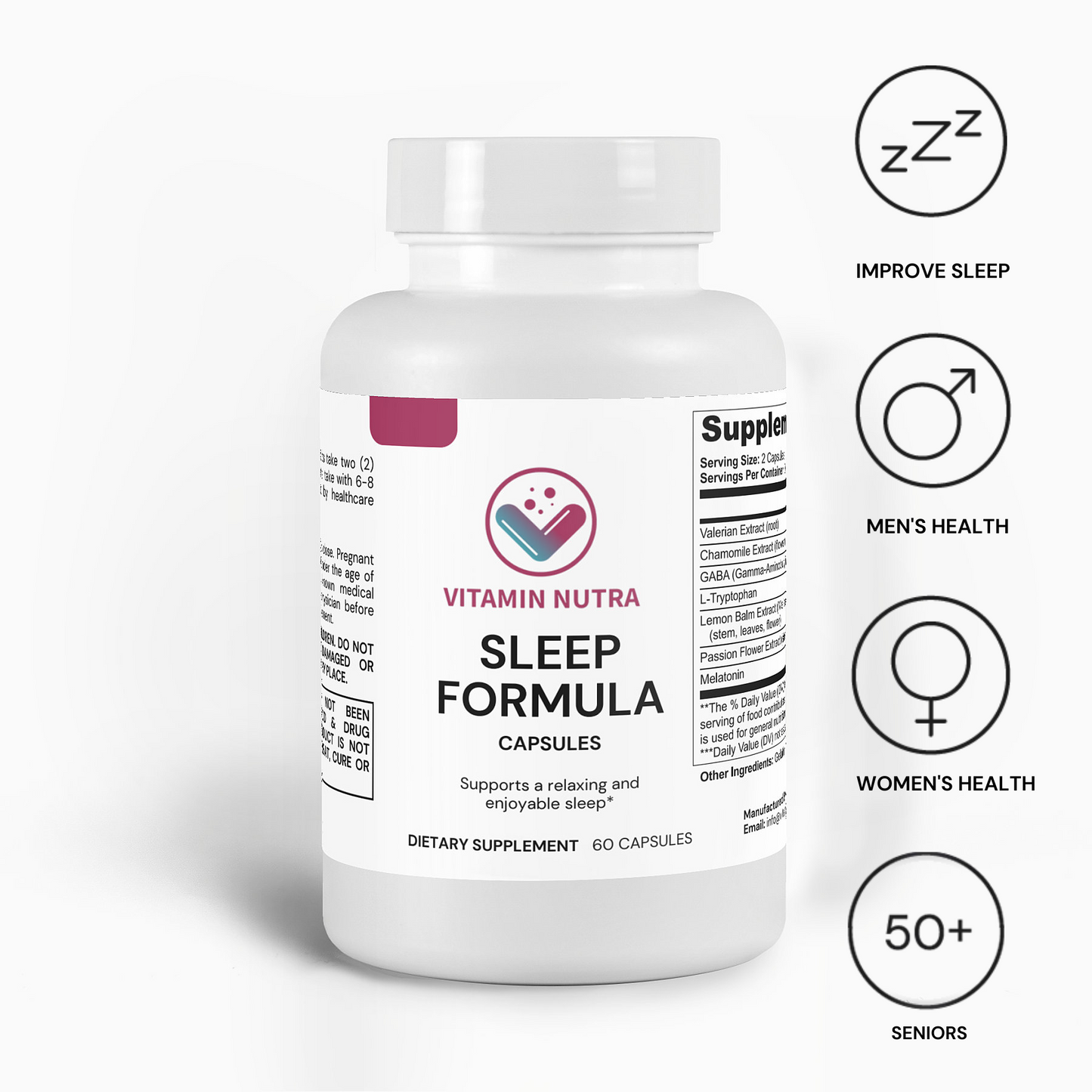 Sleep Formula bottle with a sleek design and natural sleep ingredients.