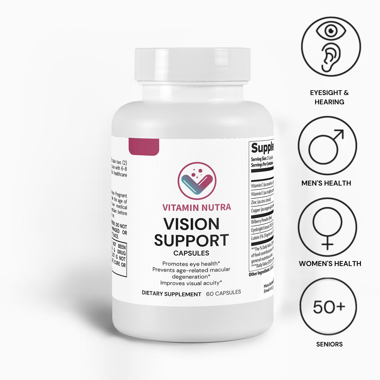 Vision Support bottle with a sleek design and natural eye health ingredients.