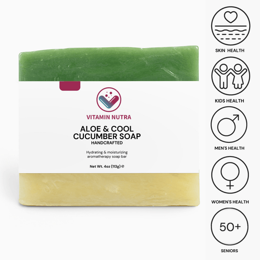 Aloe & Cool Cucumber Soap bar with a green design, aloe vera leaf, and cucumber slices.