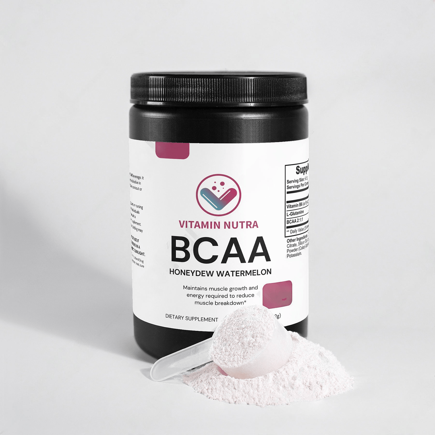 Stacks of muscles with BCAA Post Workout Powder container in background.